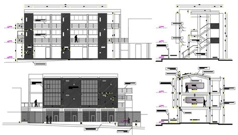Commercial Building Elevation Plan View Stairs Section View Detail Dwg