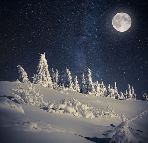 Full Moon In Night Sky In Winter Mountains Stock Photo Image Of