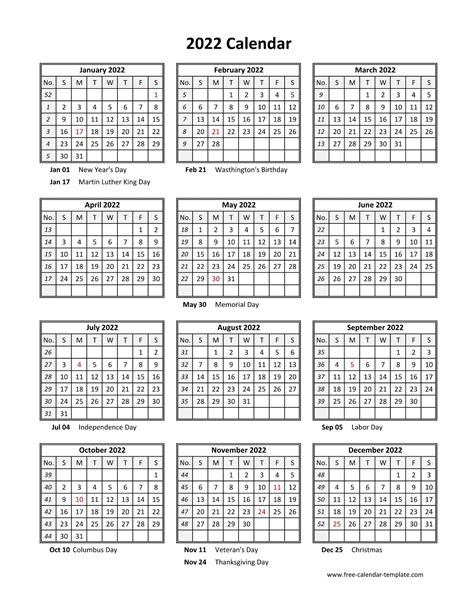 2022 Blank Yearly Calendar Template Vertical Design Free Printable