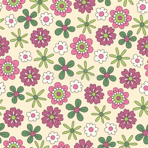 Colorful Ditsy Hand Drawn Floral Daisies Vector Seamless Pattern Retro