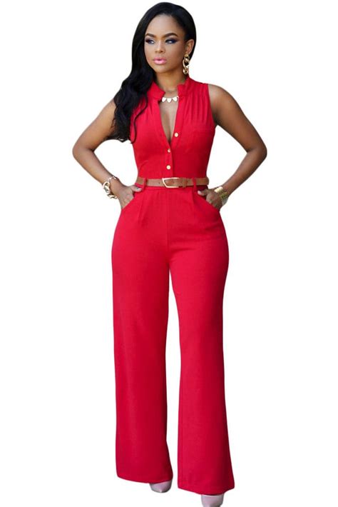 Women Button Front Waistbelt Wide Leg Red Pants Jumpsuit Online Store
