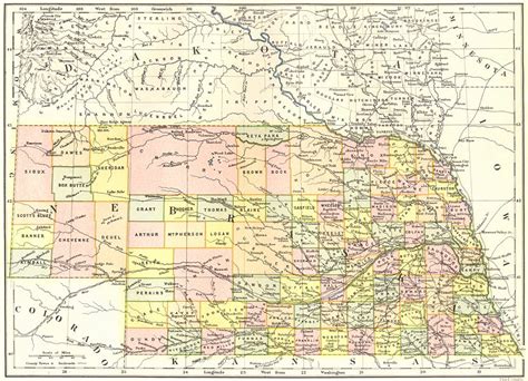 Nebraska State Map Showing Counties Britannica 9th Edition 1898 Old