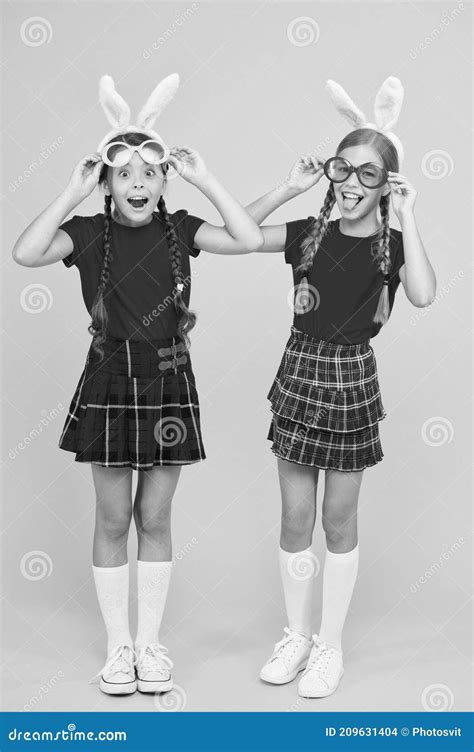 Little Schoolgirls Long Bunny Ears Easter Traditional Games Culture And Customs Concept