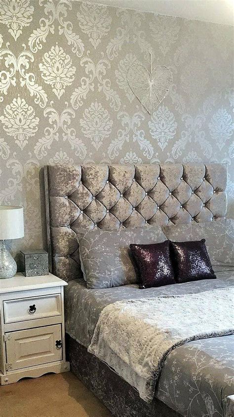 Chelsea Glitter Damask Wallpaper In Soft Grey And Silver Feature Wall