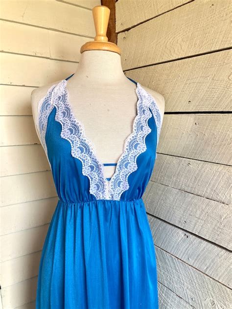 60s new negligee blue nightgown lingerie deep v neck … gem