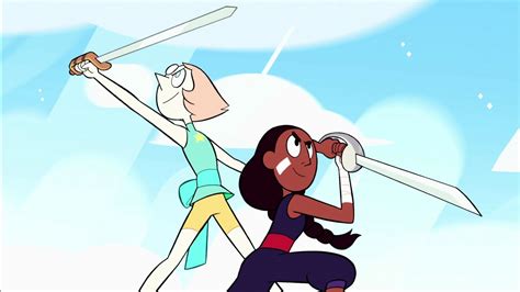 Steven Universe Connie Maheswaran Pearl Fighting With Swords With Background Of Blue Sky And