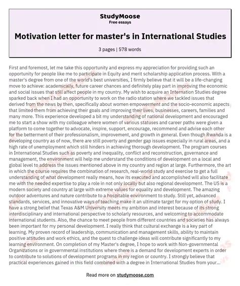 Motivation Letter For Masters In International Studies Free Essay Sample