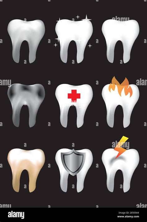Set Of Nine Vector Illustrations Of Molar Tooth In Different Conditions