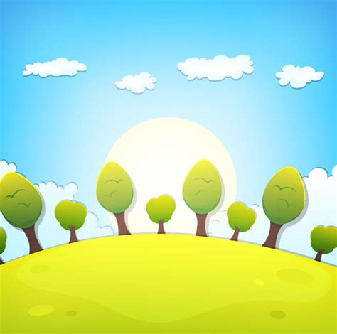 Cartoon Tree And Clouds Scenery Background Vector Free Download