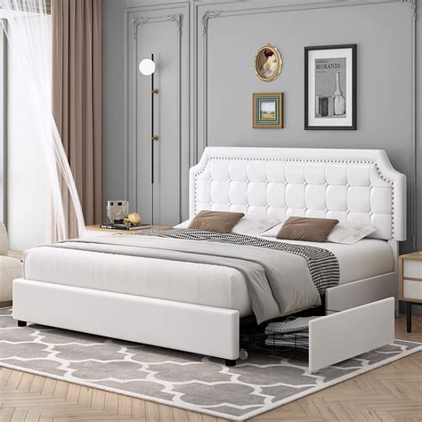 Keyluv Upholstered Queen Bed Frame With 4 Storage Drawers