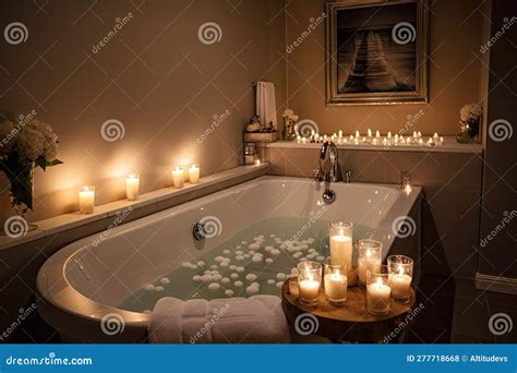 bathroom with steamy bubble bath and candles for peaceful and relaxing escape stock