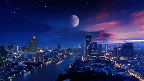 1360x768 City Lights Moon Vibrant 4k Laptop Hd Hd 4k Wallpapers Images
