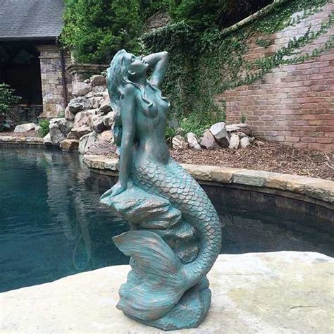 Laying mermaid statue sculpture figurine blue fins nautical beach home decor new. Life Size Bronze Patina Mermaid Statue Sitting on Coastal ...