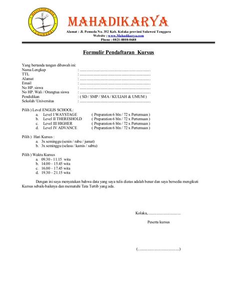 Detail Contoh Formulir Pendaftaran Bimbel Koleksi Nomer
