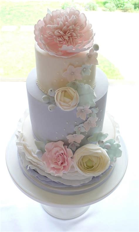 Pale Blue And Feature Peony Wedding Cake Decorated Cakesdecor