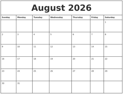 August 2026 Printable Monthly Calendar