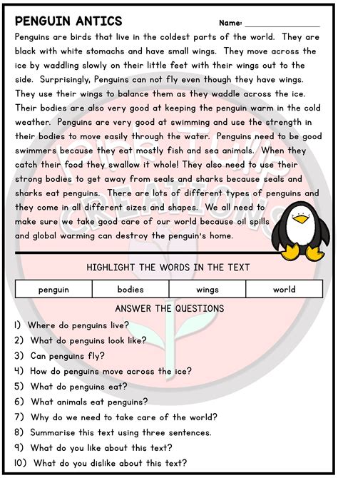 Reading Comprehension Worksheet With Questions