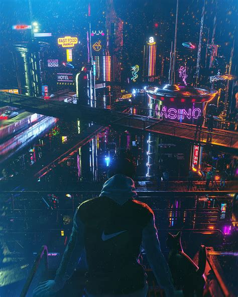 Arte Digital Ciudad Cibernética Cyberpunk Gatos Obra De Arte Fondo