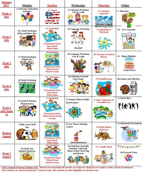 Summer Camp Schedule Goal Program