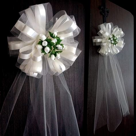 Large Ivory Assembled Wedding Pew Bows With Rosebuds And Tulle Tails