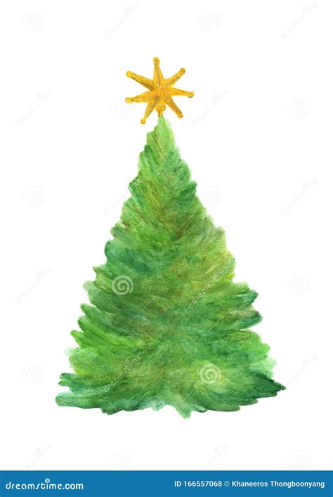 Christmas Tree With Star Watercolor Painting Stock Illustration