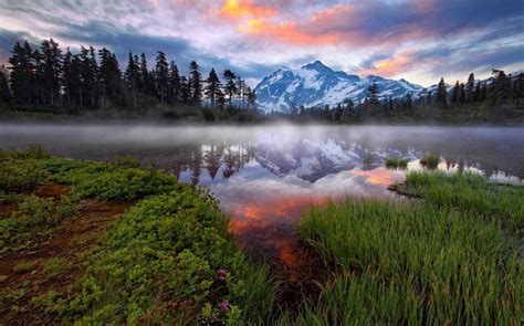 Nature Mist Mountain Lake Forest Sunrise Washington State