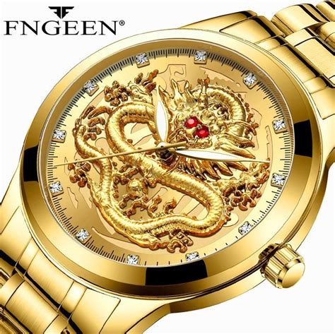 Luxury Embossed Gold Dragon Watch Mens Full Steel Waterproof Watch