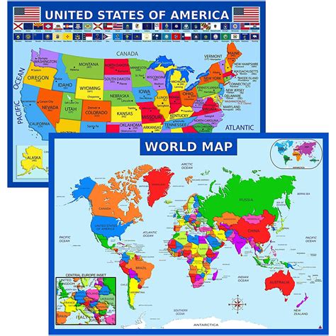 World Map Poster and USA Map with Extra Features - Laminated ...