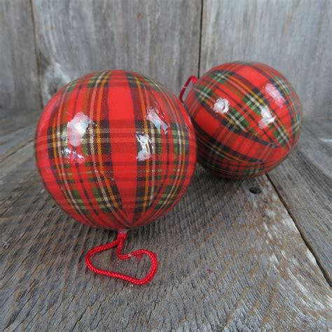 Vintage Red Tartan Plaid Ball Christmas Ornament Decoupage Royal