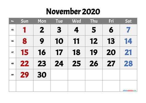 Printable November 2020 Calendar Template M20acme3