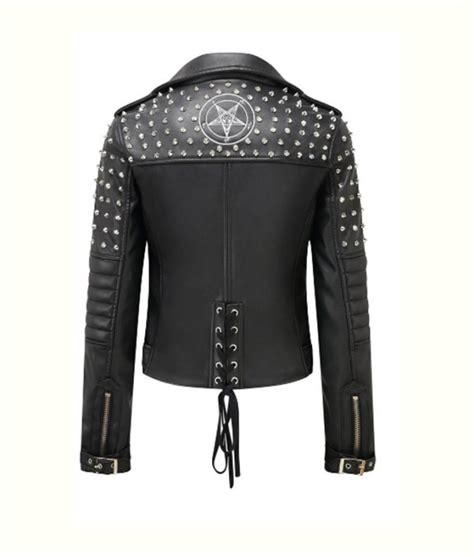 Womens Black Padded Studded Motorcycle Leather Jacket