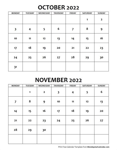 October 2022 And November 2022 Calendar November Calendar 2022