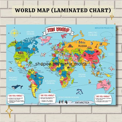 Laminated World Map Chart A4 Size Educational Wall Chart Learning