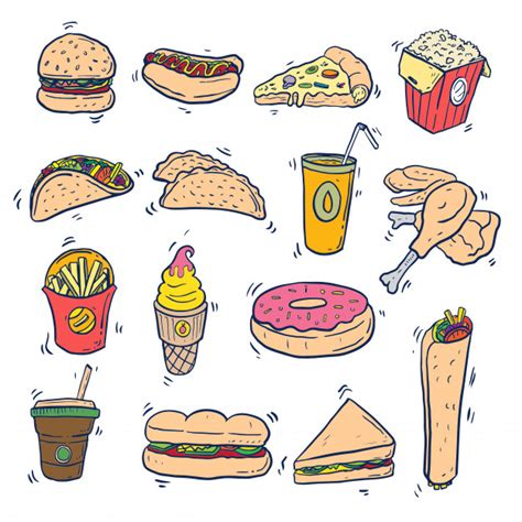 If you're going with a fruit or dessert theme in your bullet journal then you need to check out these super cute food. Fast food doodle art set on isolated | Premium Vector