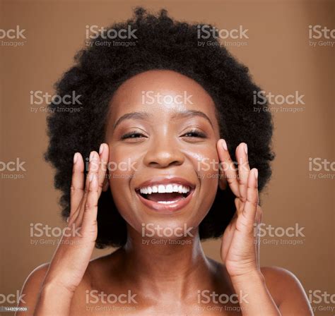 black woman face skincare and happy smile with natural skin health healthy facial glow and