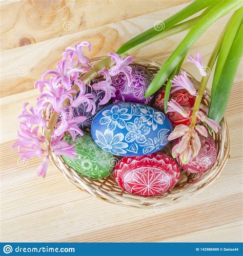 Colorful Easter Eggs And Pink Hyacinth Flowers Stock Image Image Of