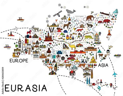 Eurasia Mapeurasia Travel Guidetravel Poster With Animals And