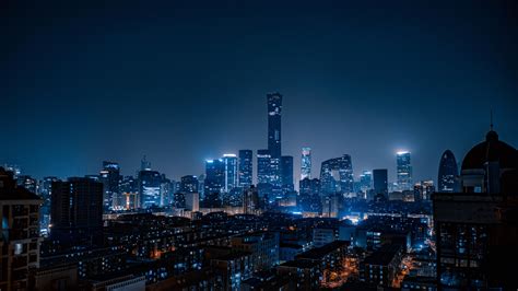 Wallpaper City Aerial View Buildings Night Lights Beijing China