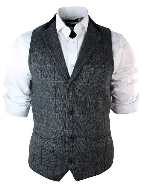 Mens Vintage Tweed Check Waistcoat Herringbone Tan Brown Charcoal Grey