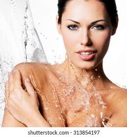 Beautiful Naked Woman Wet Body Splashes Stock Photo