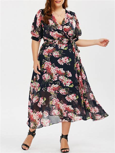 OFF Plus Size Maxi Floral Wrap Summer Dress Rosegal