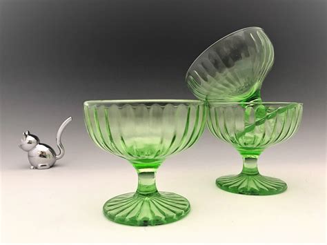 hazel atlas ribbon pattern set of 3 uranium glass sherbets glowing green depression glass
