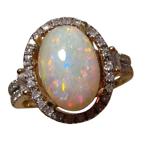 Oval White Opal Diamond Ring 14k Gold Natural Opal Rings