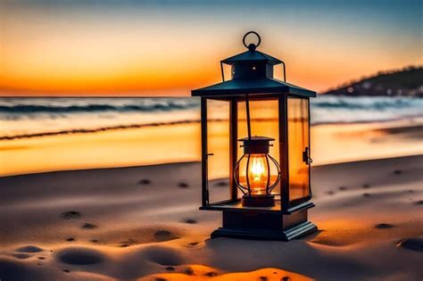 Premium Ai Image A Lantern On The Beach At Sunset