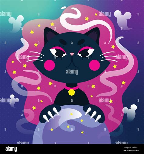 Halloween Black Cat With Crystal Globe Vector Design Illustration Stock