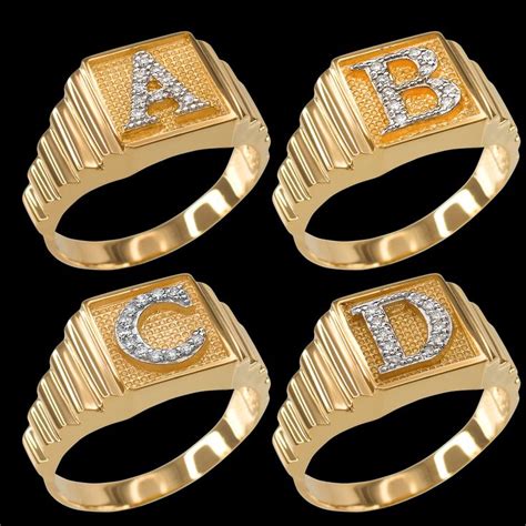 Yellow Gold A Z Diamond Letter Initial Square Ring Square Rings