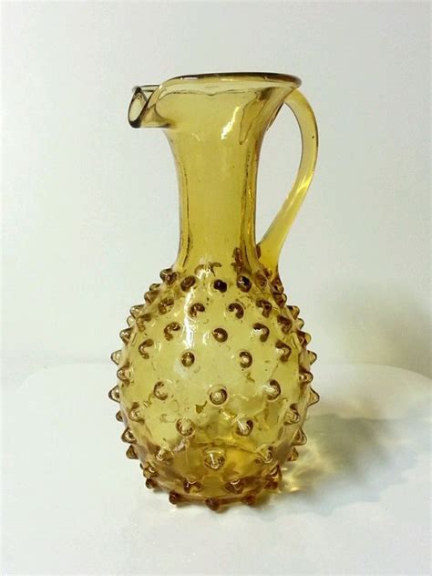 Antique Mold Blown Glass Pitcher Vase ~ Honey Amber Hobnail Glass Blowing Glass Pitchers
