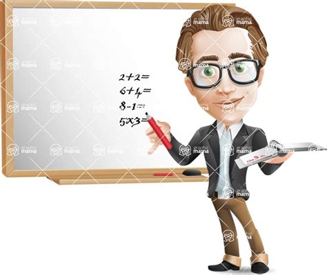 Male Teacher With Glasses Cartoon Character Writing On Whiteboard Graphicmama