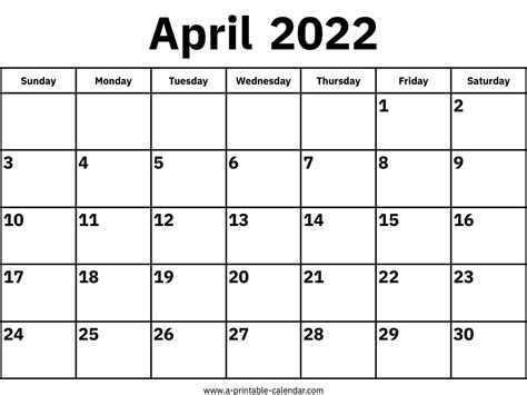 April 2022 Calendars Printable Calendar 2022