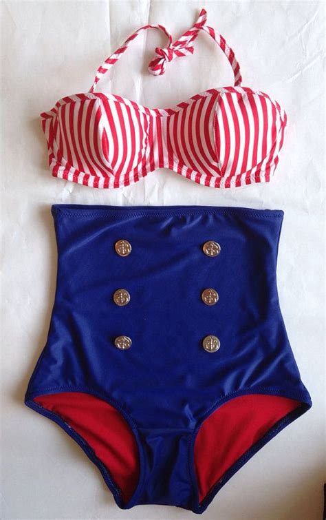 Hello Sailor Nautical High Waist Bikini With Underwire Top On Etsy 11900 High Waisted